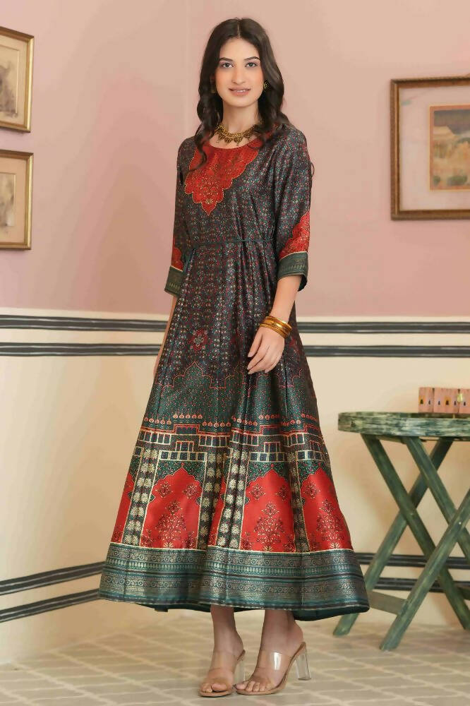 Juniper Green Satin Festive Printed Anarkali Flared Anarkali Kurta For Women - Distacart