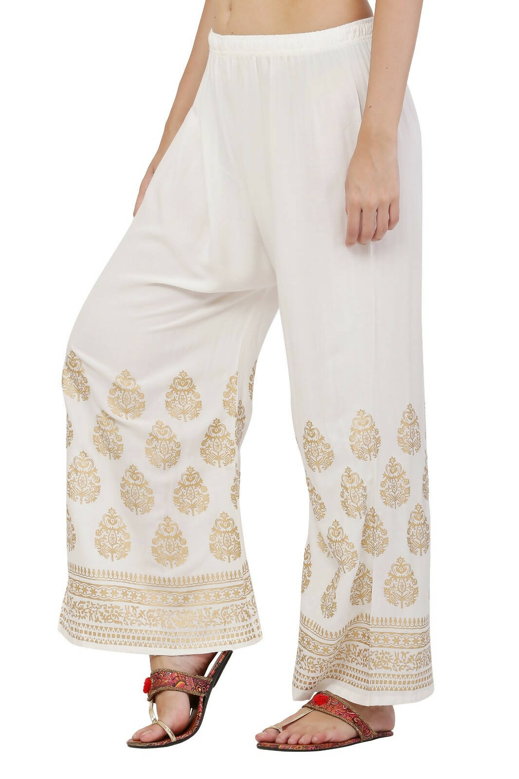 PAVONINE White Color Golden Printed Rayon Fabric Sharara For Women - Distacart