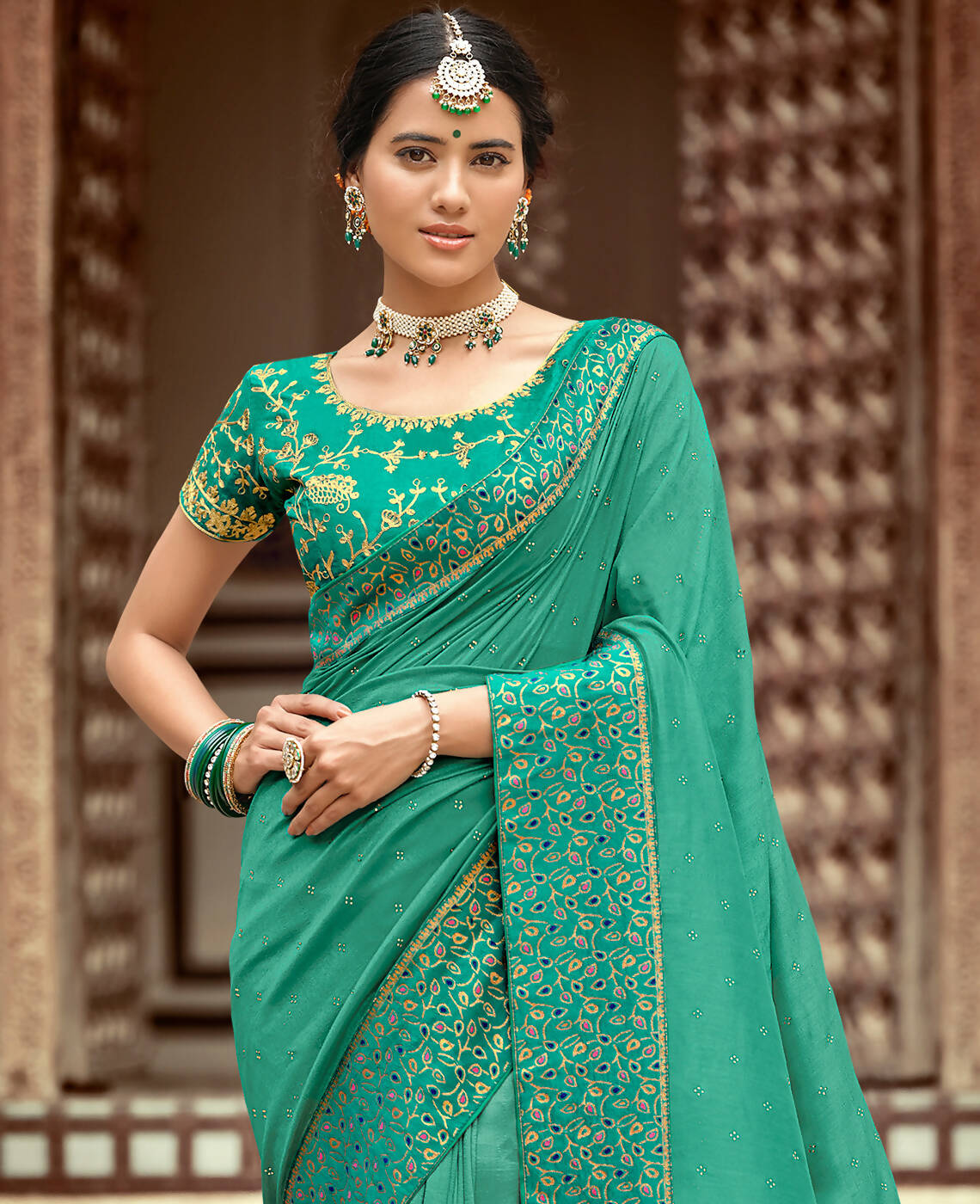 Sea Green Vichitra Stone Work Saree With Unstitched Blouse Piece - Rosy - Distacart