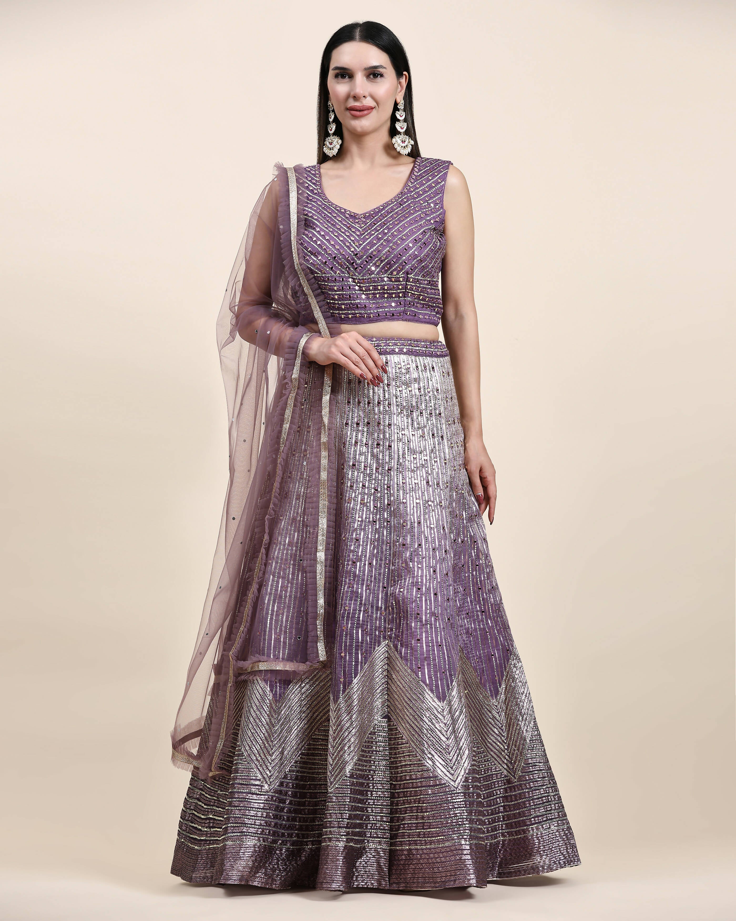 Lavender Organza Mirror With Coding Work Lehenga Choli with Dupatta - Tanya - Distacart