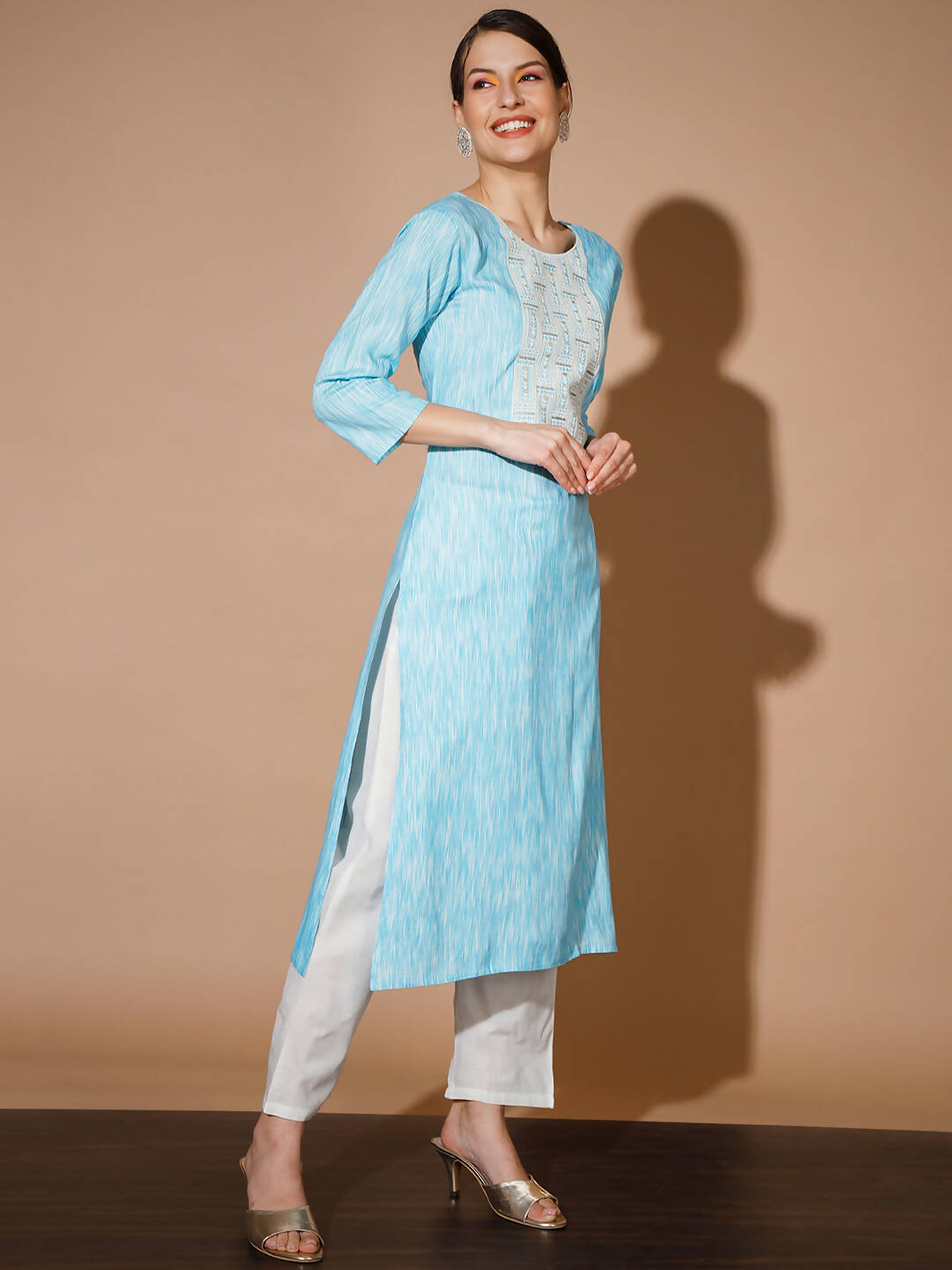 Myshka Women Blue Printed Kurta & Trousers With Dupatta - Distacart