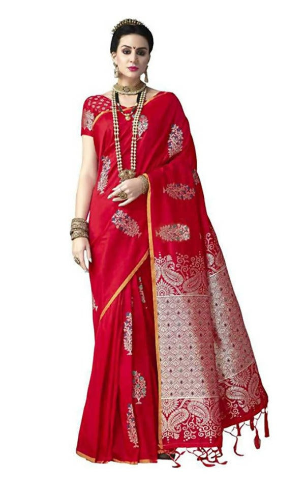 Varkala Silk Sarees Women&#39;s Red Banarasi Silk Saree With Unstitched Blouse Piece