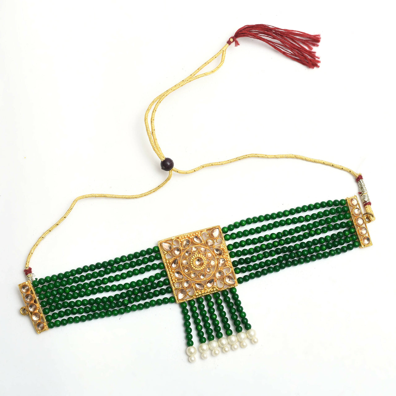 Mominos Fashion Johar Kamal Gold-Plated Kundan & Pearls Necklace Green/Golden Color Choker Set - Distacart