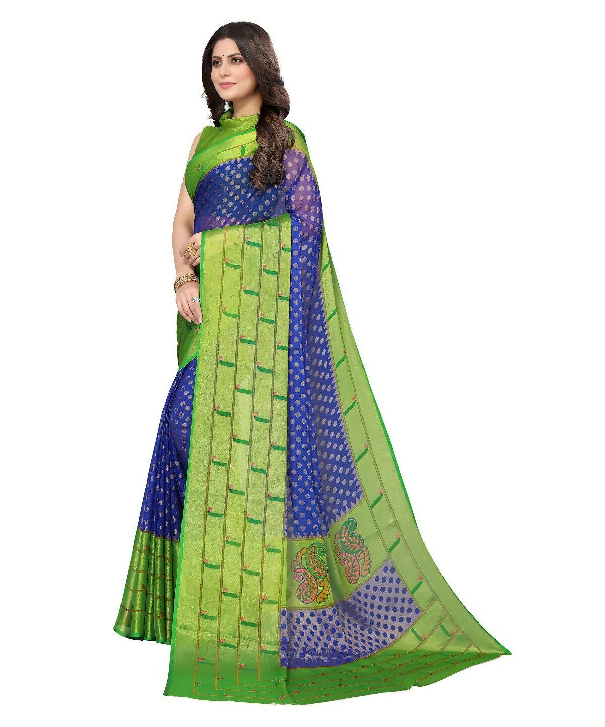 Vamika Blue Chiffon Brasso Bollywood Style Woven Saree (DIMPLE BLUE) - Distacart