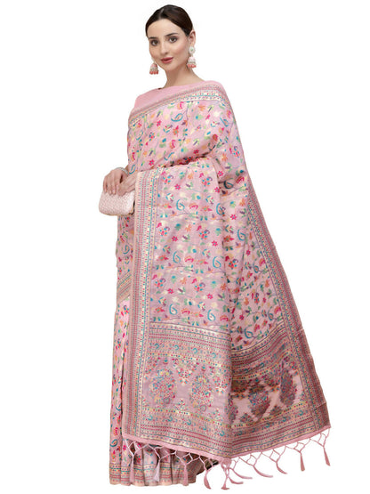 Light Pink Silk Blend Woven Design Saree With Unstitched Blouse Piece - Aloki - Distacart