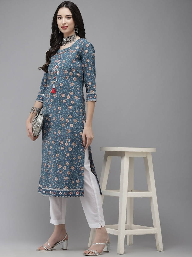 Yufta Women Blue And White Kurta with Trouser Set