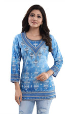 Thumbnail for Snehal Creations Novelista Sky Blue Faux Crepe Printed Short Kurti Tunic