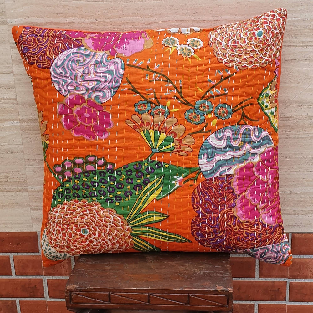 The Decor Nook Orange Base With Multicolour Flowers Print Cushion Cover - Distacart