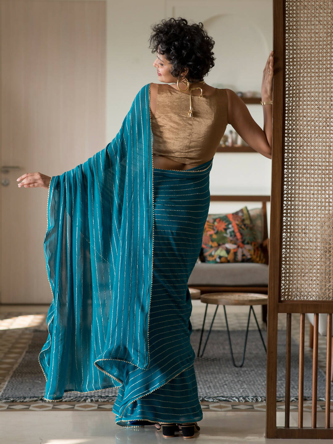 Suta Turquoise Blue Striped Viscose Rayon Saree - Distacart