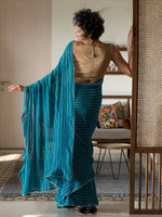 Thumbnail for Suta Turquoise Blue Striped Viscose Rayon Saree - Distacart