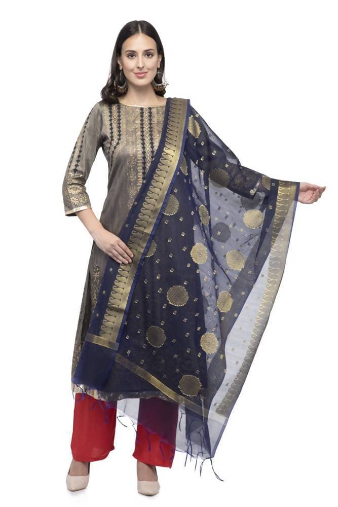 A R Silk Women's Vanarsi Silk Zari Embroidery Navy Blue Fancy Dupatta