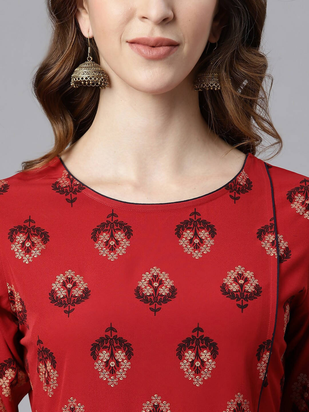 Janasya Maroon & Navy Blue Ethnic Motifs Printed Kurta with Trousers - Distacart