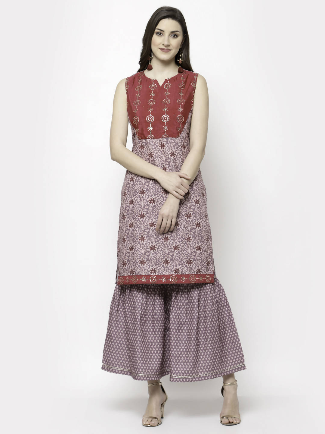 Myshka Multicolor Cotton Blend Printed Sleeveless Round Neck Kurta Palazzo Dupatta Set