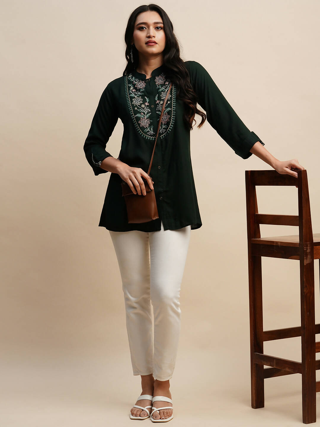 Dark Green Rayon Embroidered Top - Tarini - Distacart