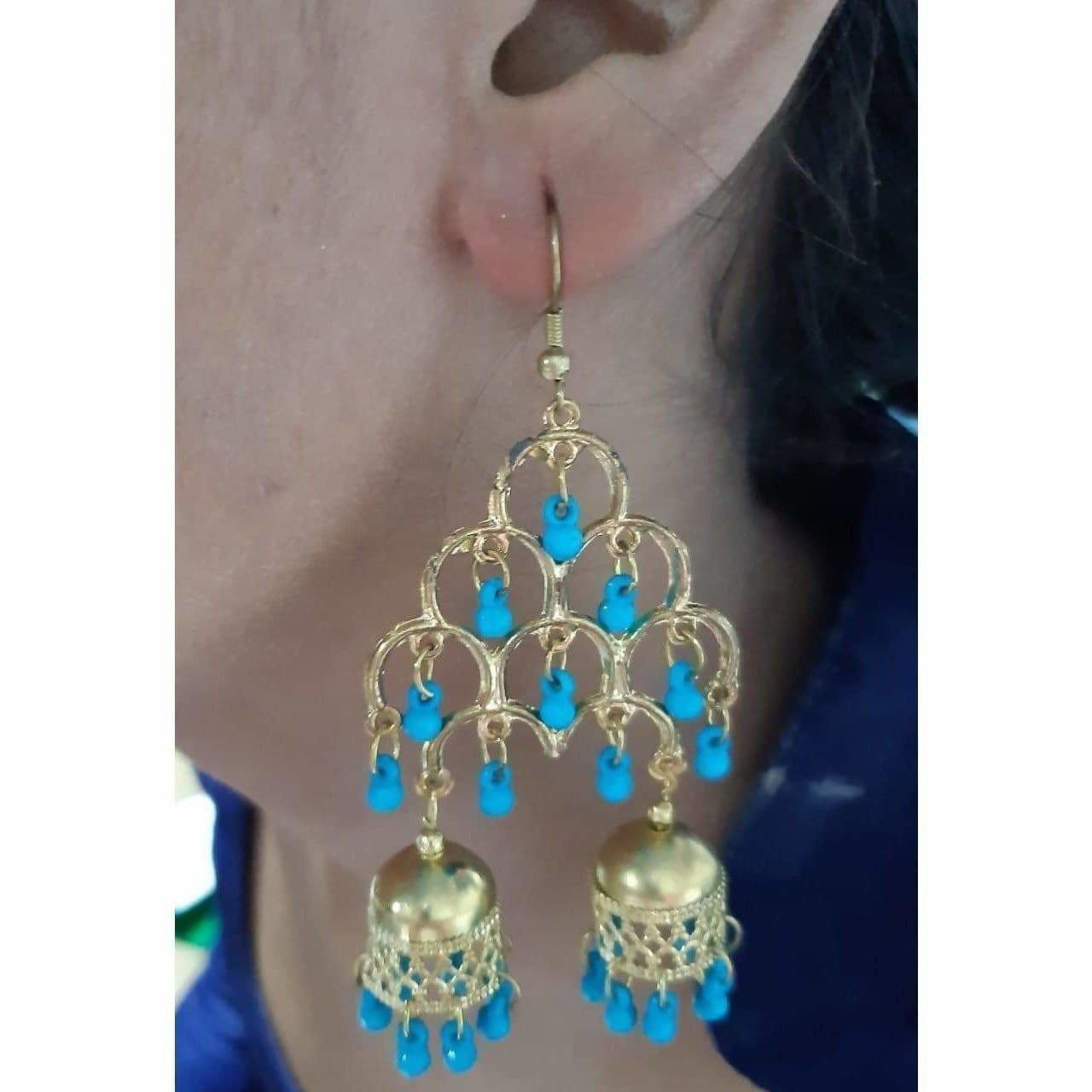 Gold Plated Fashion Traditional Double Jhumka Long Blue Pearls Earrings