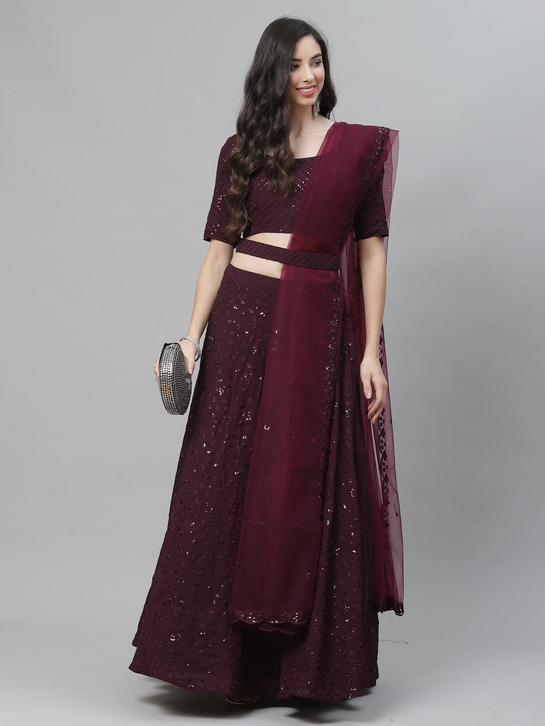 Purple Georgette Thread with Sequins Embroidery Work Lehenga Choli with Dupatta - Jivika - Distacart