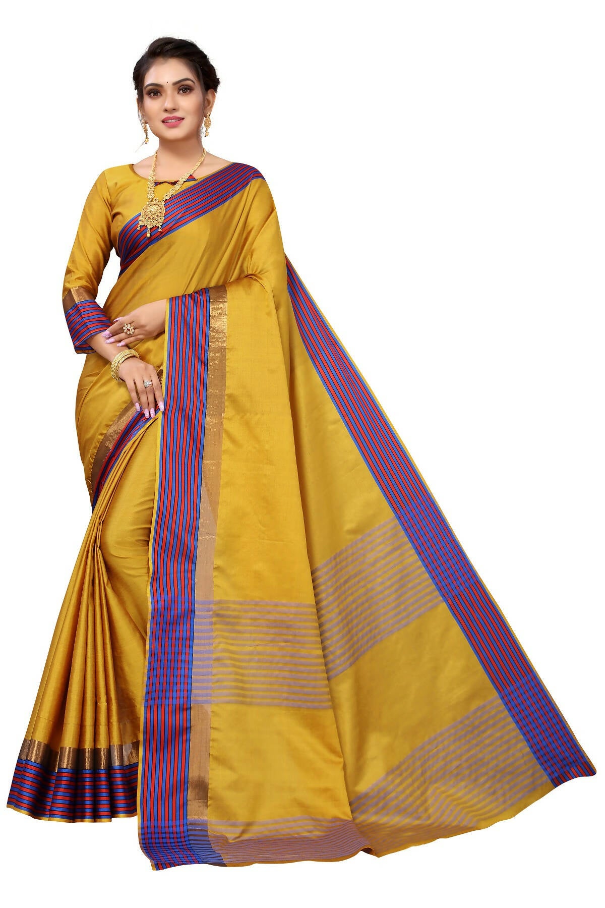 Vamika Ethnic Fire Mustard Cotton Silk Saree - Distacart