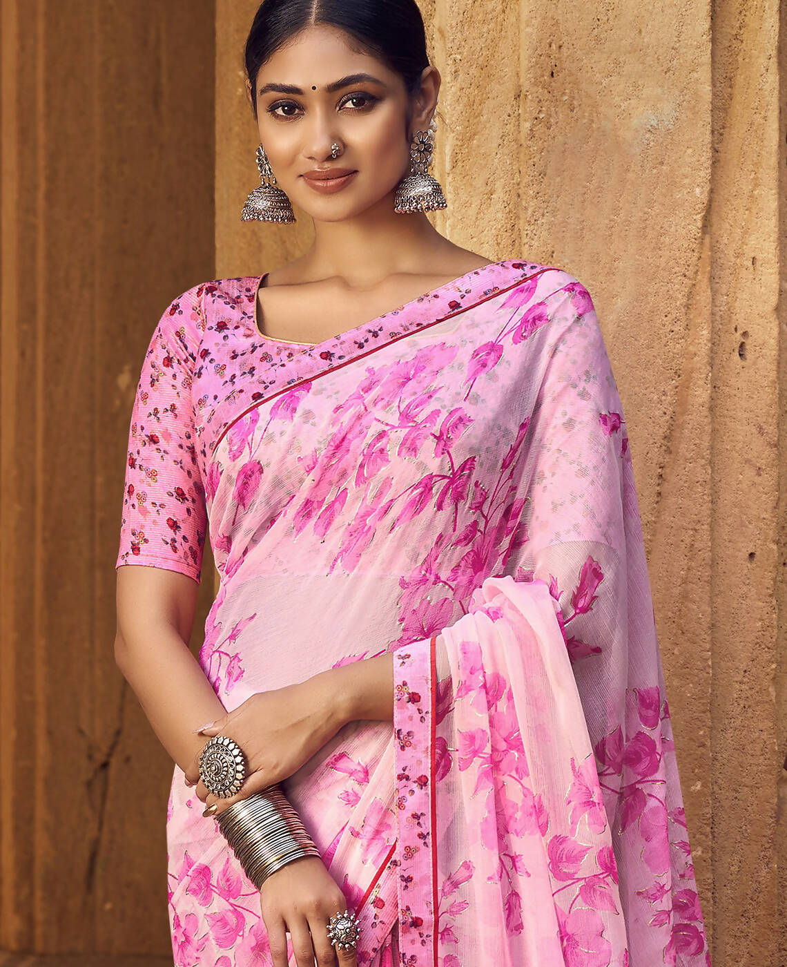 Light Pink Silver Chiffon Printed Saree With Unstitched Blouse Piece - Jyoti - Distacart