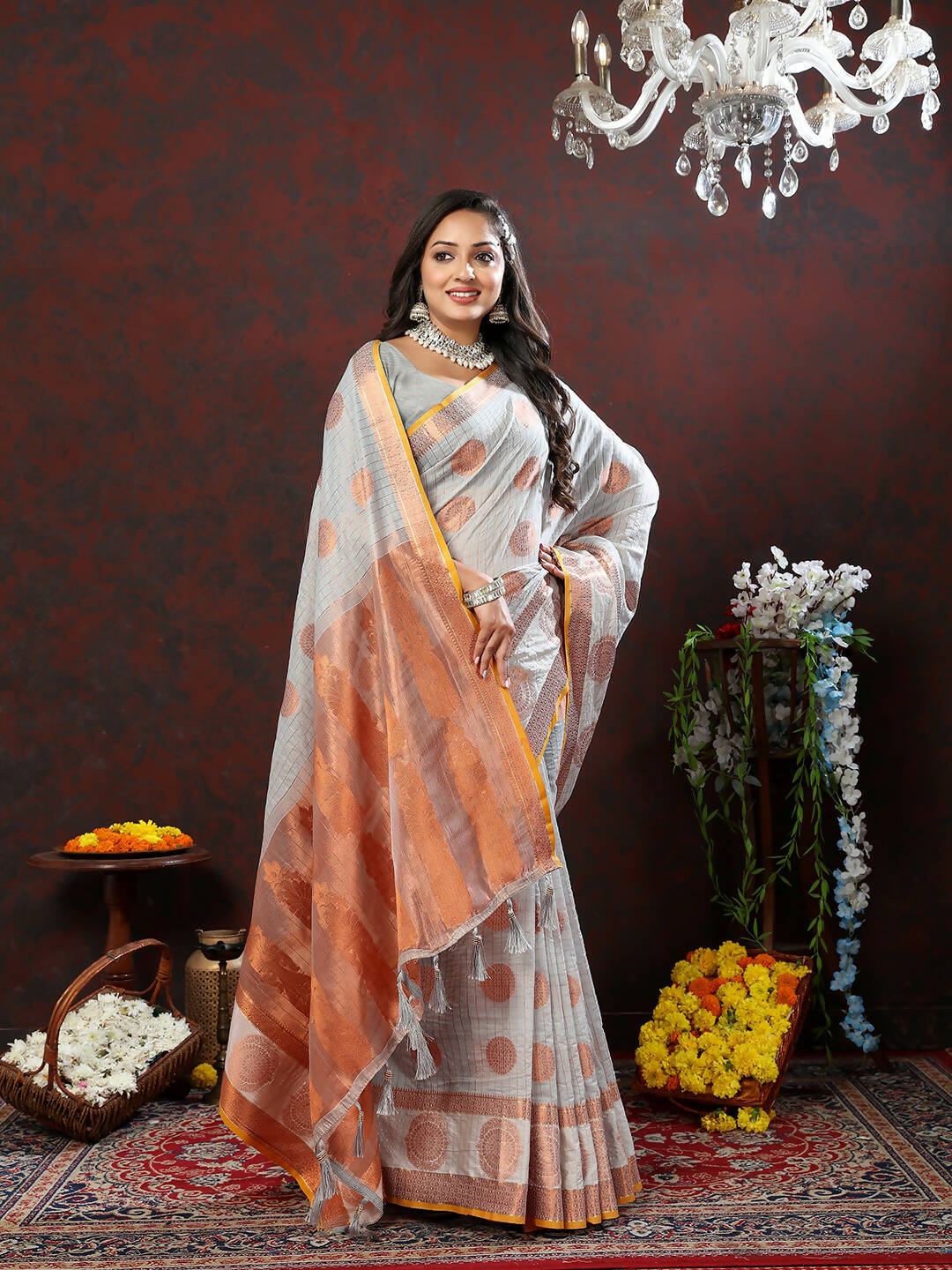 Lorenvalley Fashion Grey Cotton with Woven Design Zari Weaving Saree - Distacart