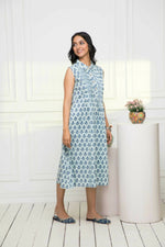 Thumbnail for Myshka Women Blue Ethnic Motifs Cotton A-Line Mandarin Collar Dress - Distacart