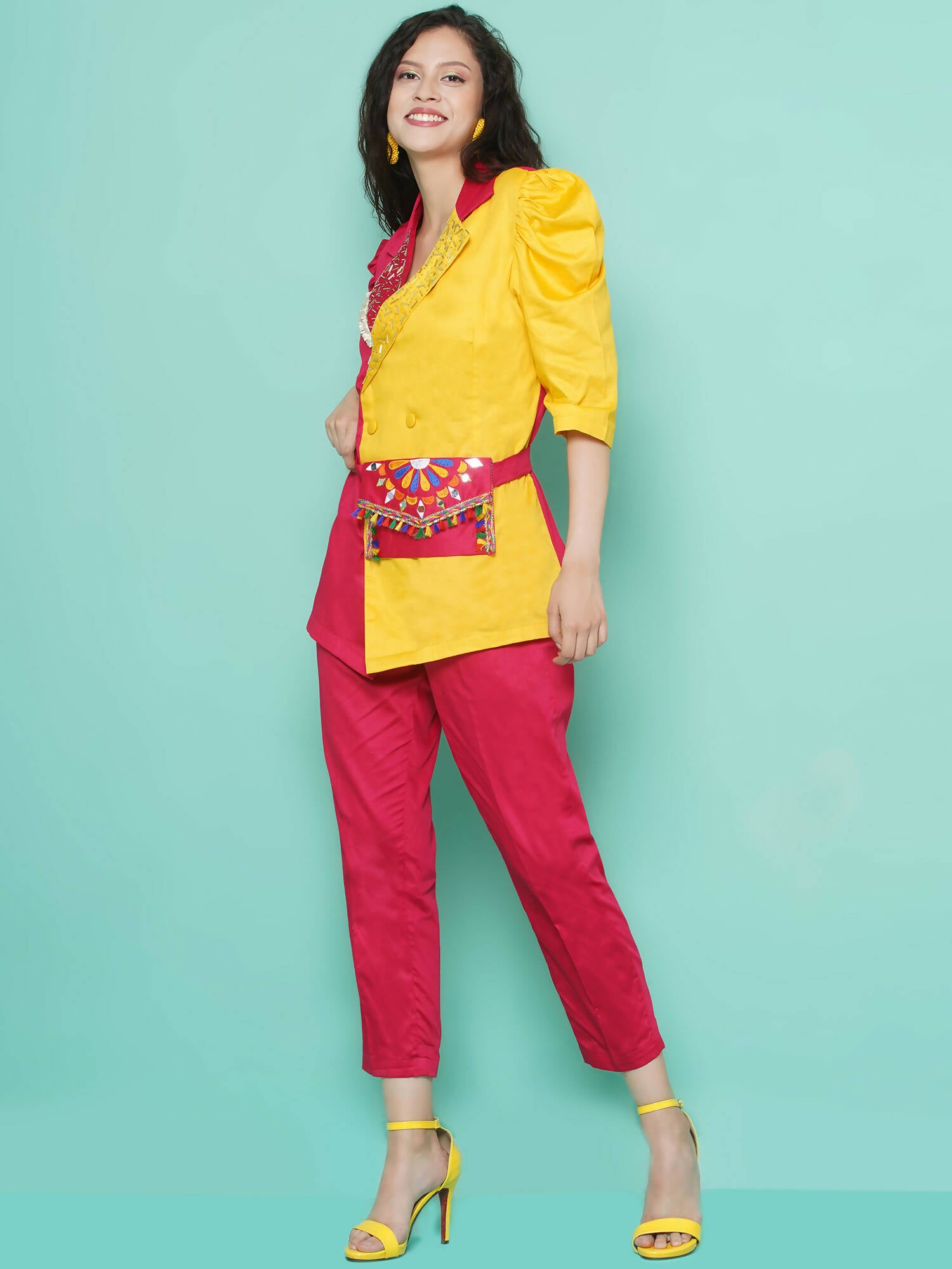 Women Republic Pink And Yellow Cotton Silk hand Embellished Coord set with Pouch - Distacart