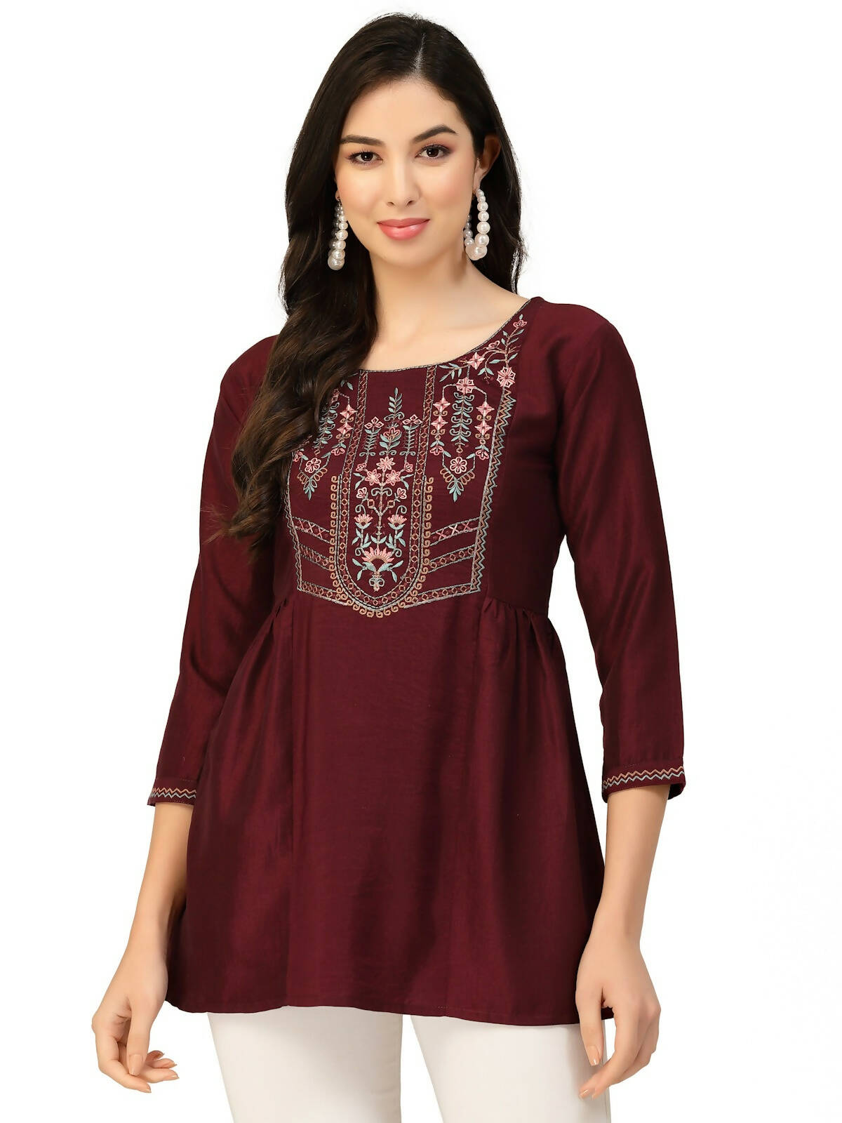 Wine Chinon Floral Embroidered Top - Zeny - Distacart