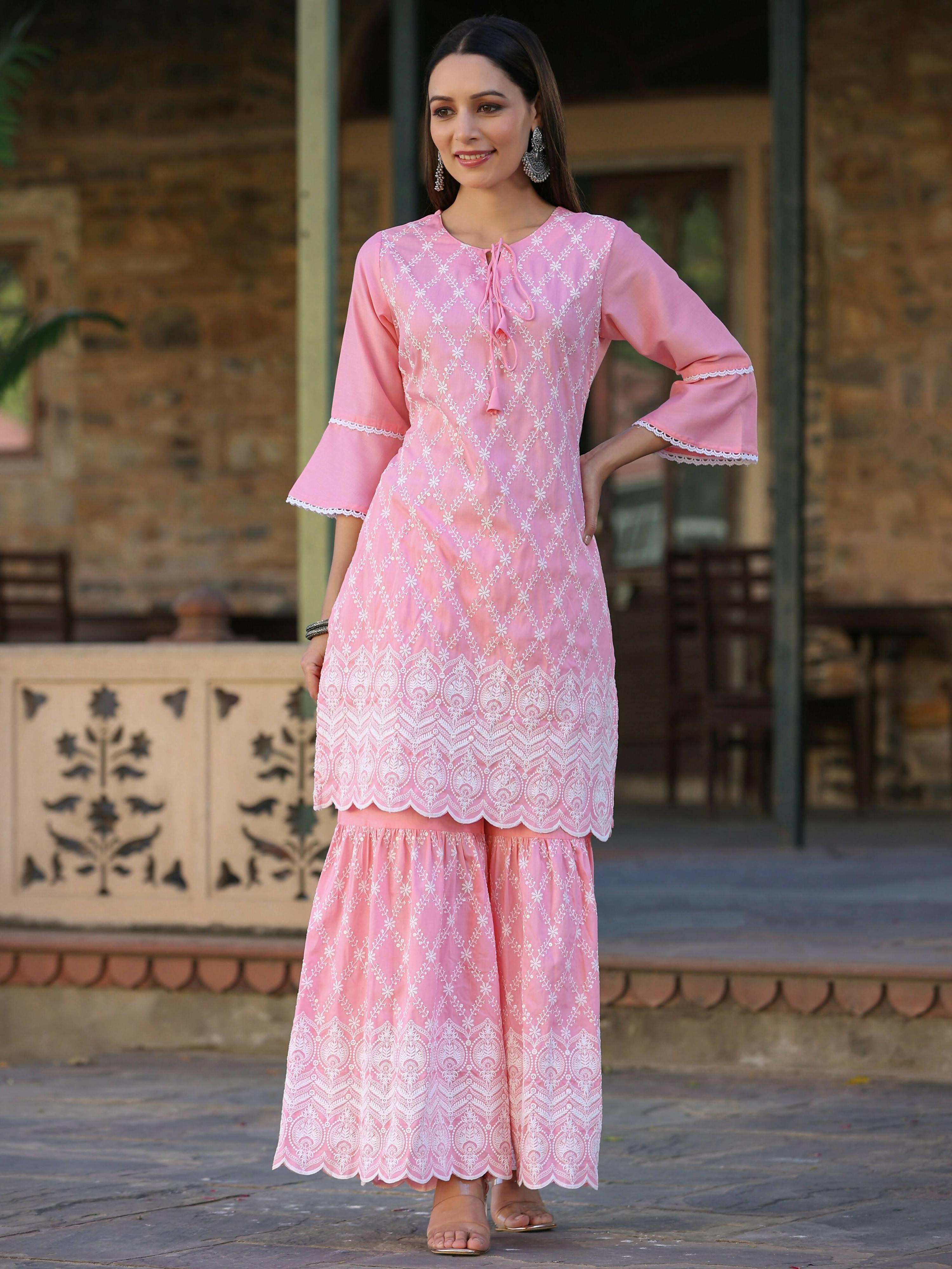 Juniper Women's Pink Chinnon Embroidered Kurta Garara Set - Distacart