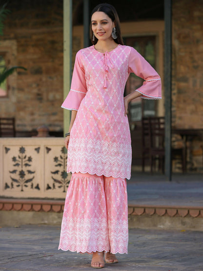 Juniper Women's Pink Chinnon Embroidered Kurta Garara Set - Distacart