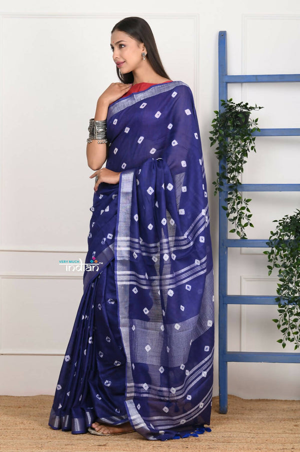 Very Much Indian Handmade Tie And Dye Cotton Saree By Women Weavers - Indigo Blue - Distacart