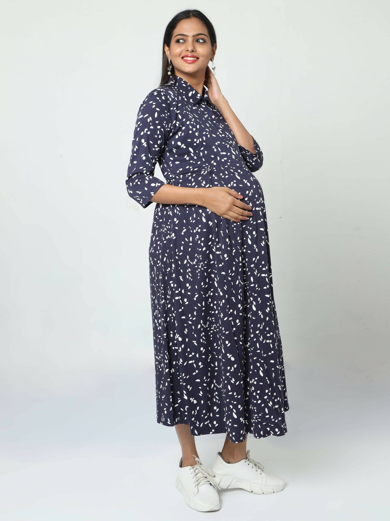Manet Three Fourth Maternity Dress White Dot Print With Concealed Zipper Nursing Access - Navy Blue - Distacart