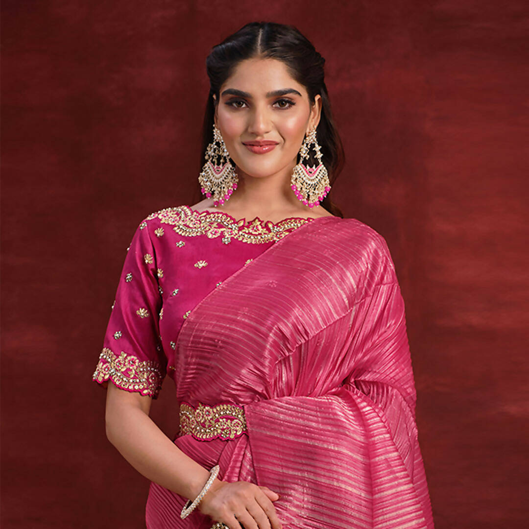 Pink & Beige Banarasi Crush Silk Sequence Thread & Stone Work/ Texture Pallu Saree - Mohmanthan Kimiya - Distacart