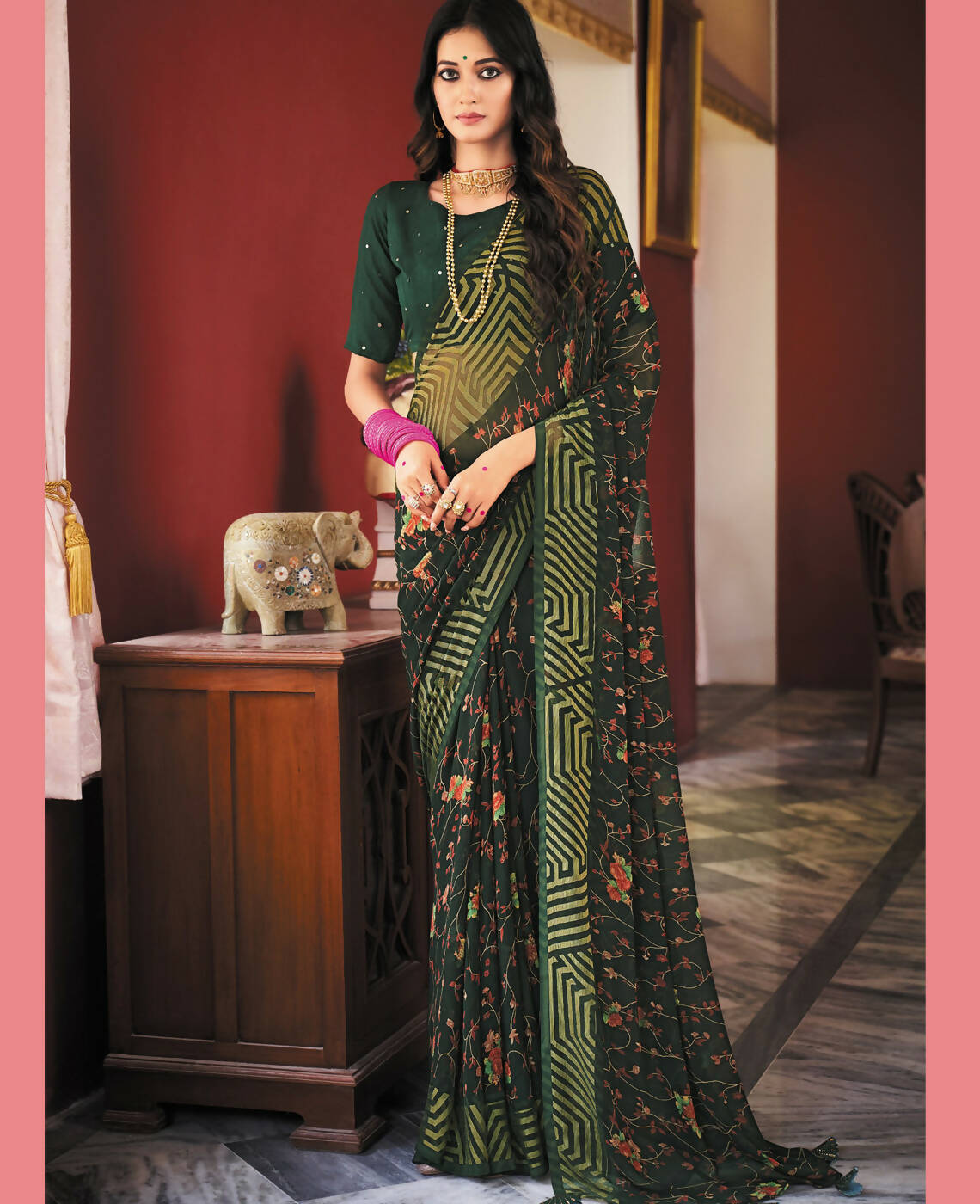 Green Georgette Brasso Floral Printed Saree With Unstitched Blouse Piece - Zyanya - Distacart