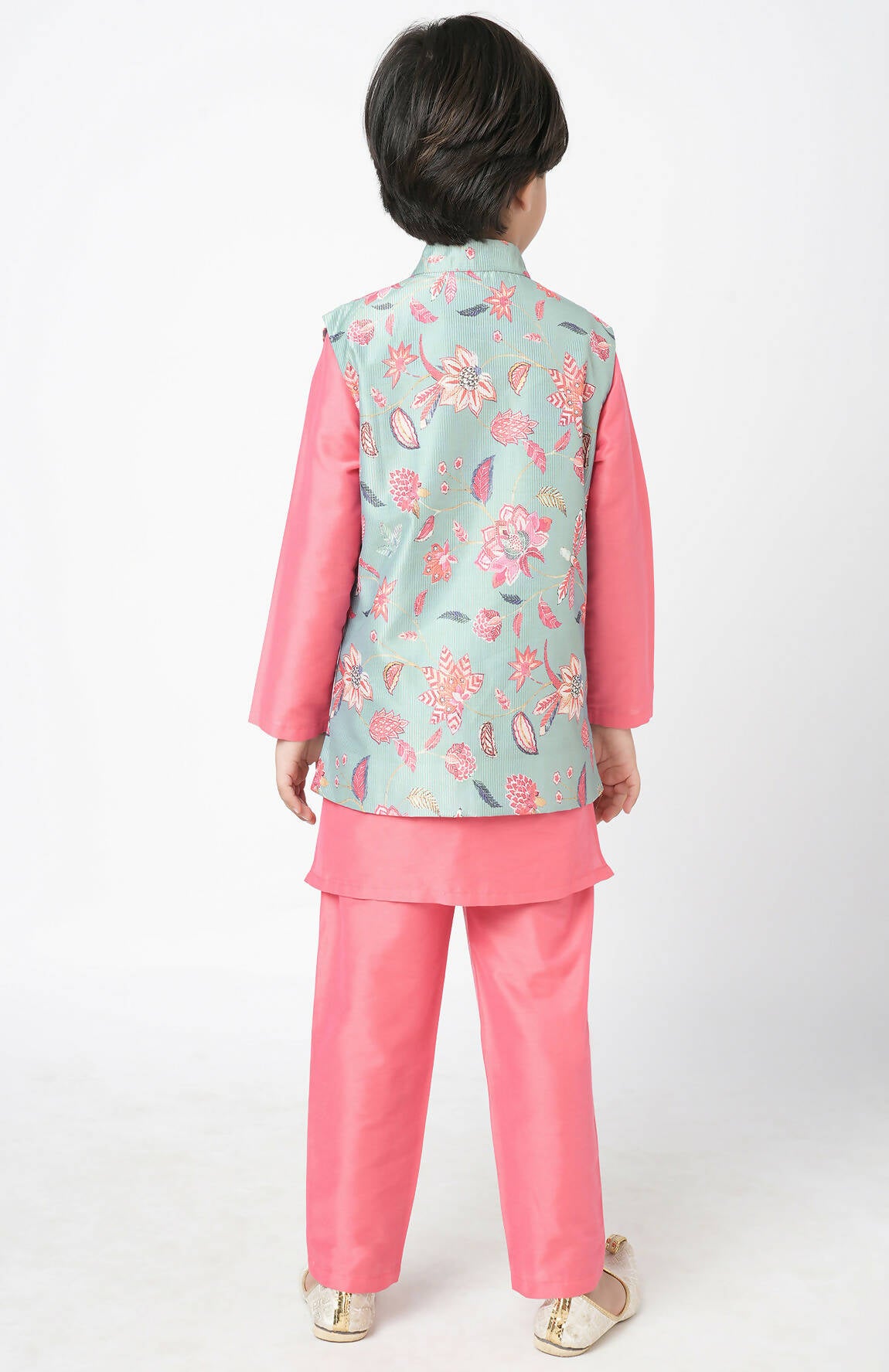 Lil Drama Golden Weaves Pink Kurta With Pant And Jacket Set - Distacart