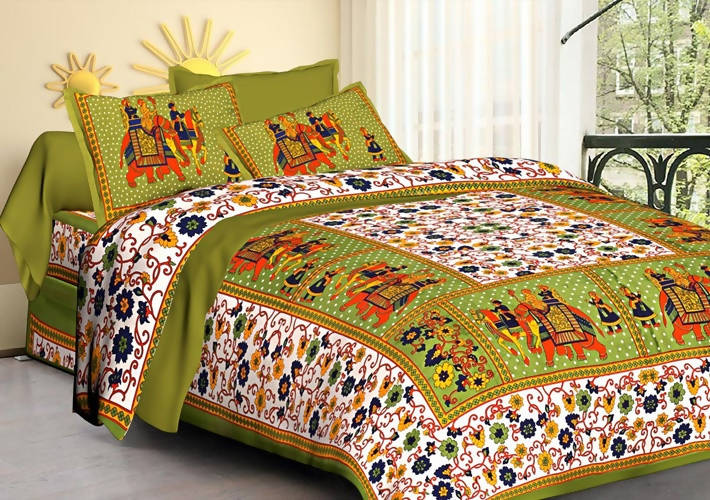 Vamika Printed Cotton Green Bedsheet With Pillow Covers (LEOC_HTHY_G) - Distacart