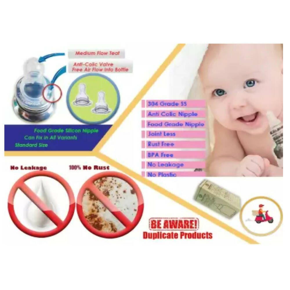 Goodmunchkins Stainless Steel Feeding Rustfree Bottle with 2 Anti Colic Silicone Nipple For Kids 150 ml - Distacart