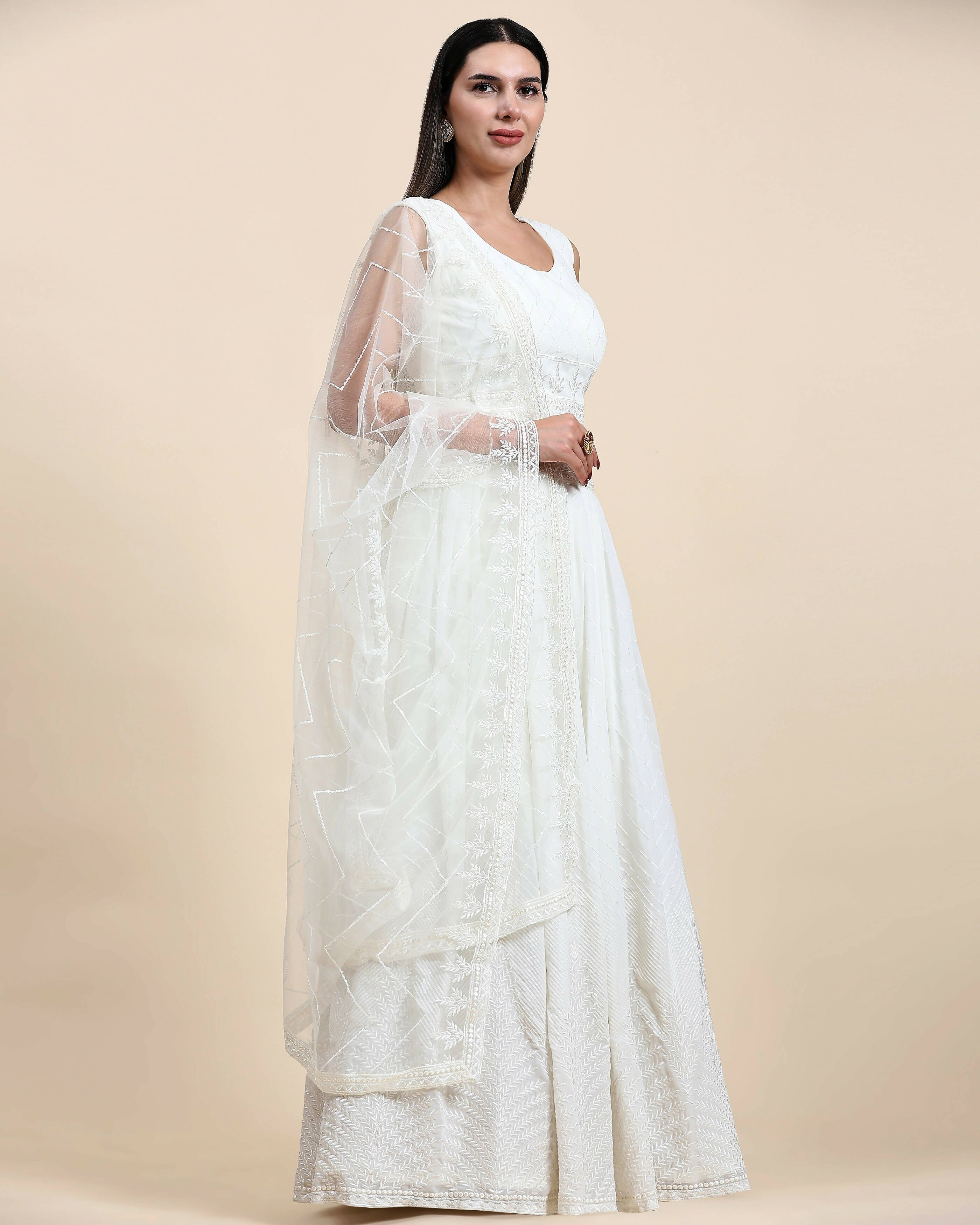 White Pure Viscose Georgette Sequence Embroidery work Lehenga Choli with Dupatta - Aakriti - Distacart