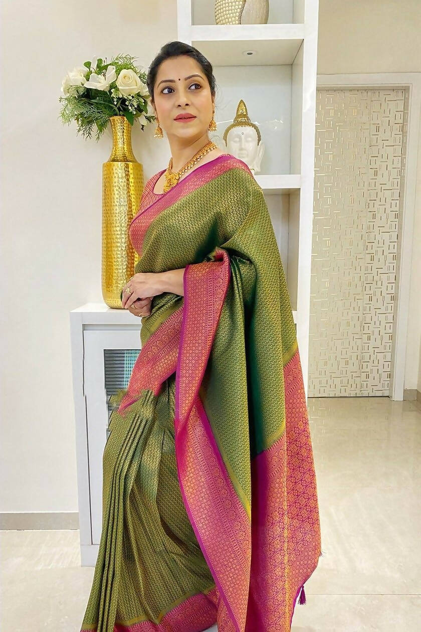 DEIANA'S Beautiful Golden Jari with New Design Soft Lichi Silk Saree - Mehndi - Distacart