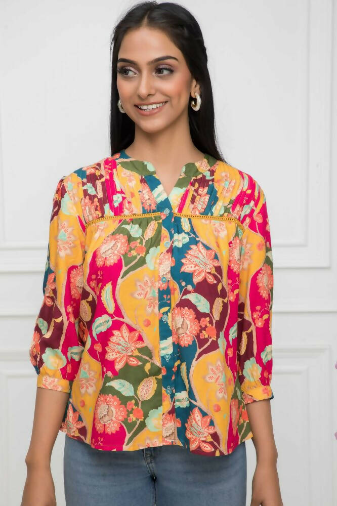 Myshka Women Multi Floral Mandarin Collar Regular Sleeves Viscose Rayon Top - Distacart