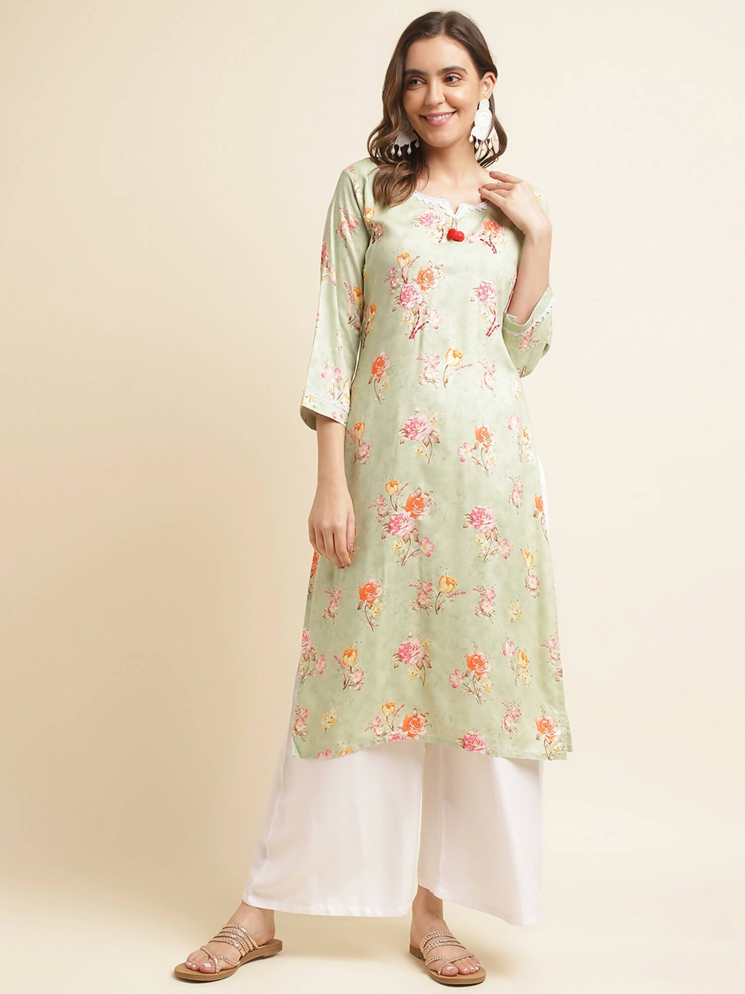 Green Poly Rayon Floral Printed Straight Kurta - Prasuti - Distacart