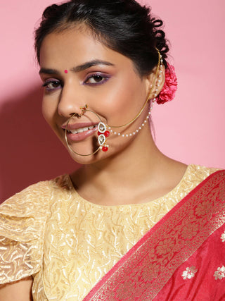 Gold-Pleated Red White Kundan Studded Beaded Nosepin - Ruby Raang - Distacart