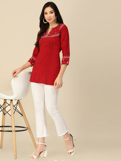 Red Chinon Floral Embroidered Top - Zeny - Distacart