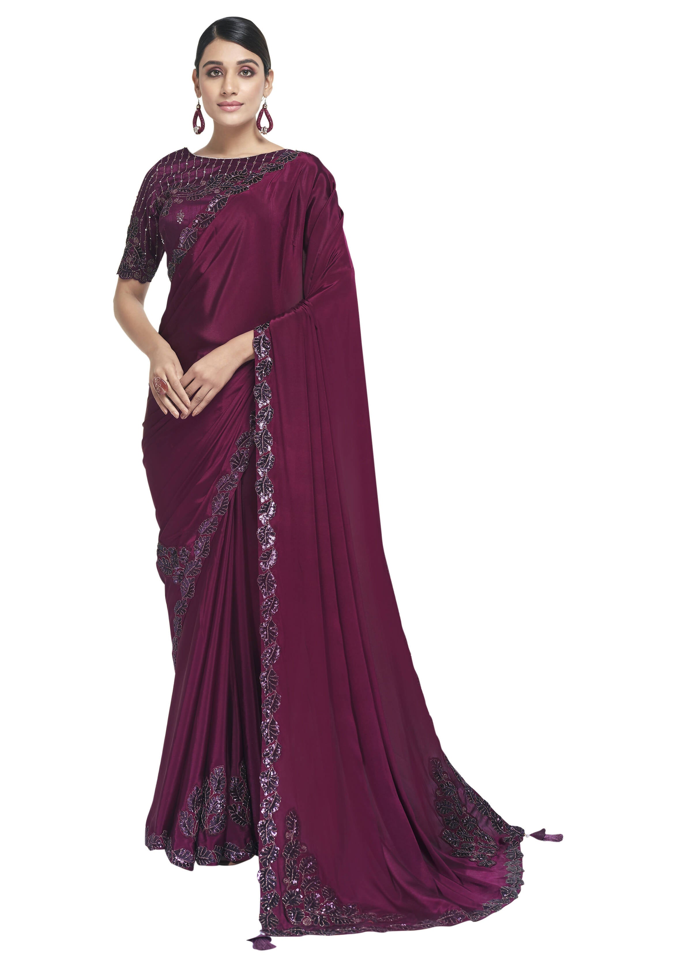 Maroon Georgette Crepe Sequence Embroidered Border & Pallu Saree With Blouse Piece - Norita Avyaan - Distacart