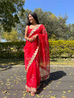 Thumbnail for Vamsee Red Organza Saree - Distacart