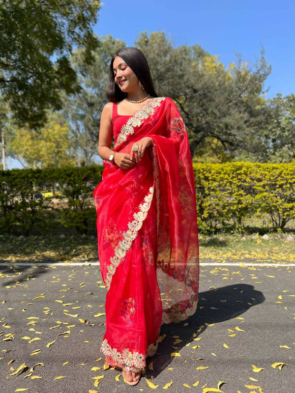 Vamsee Red Organza Saree - Distacart
