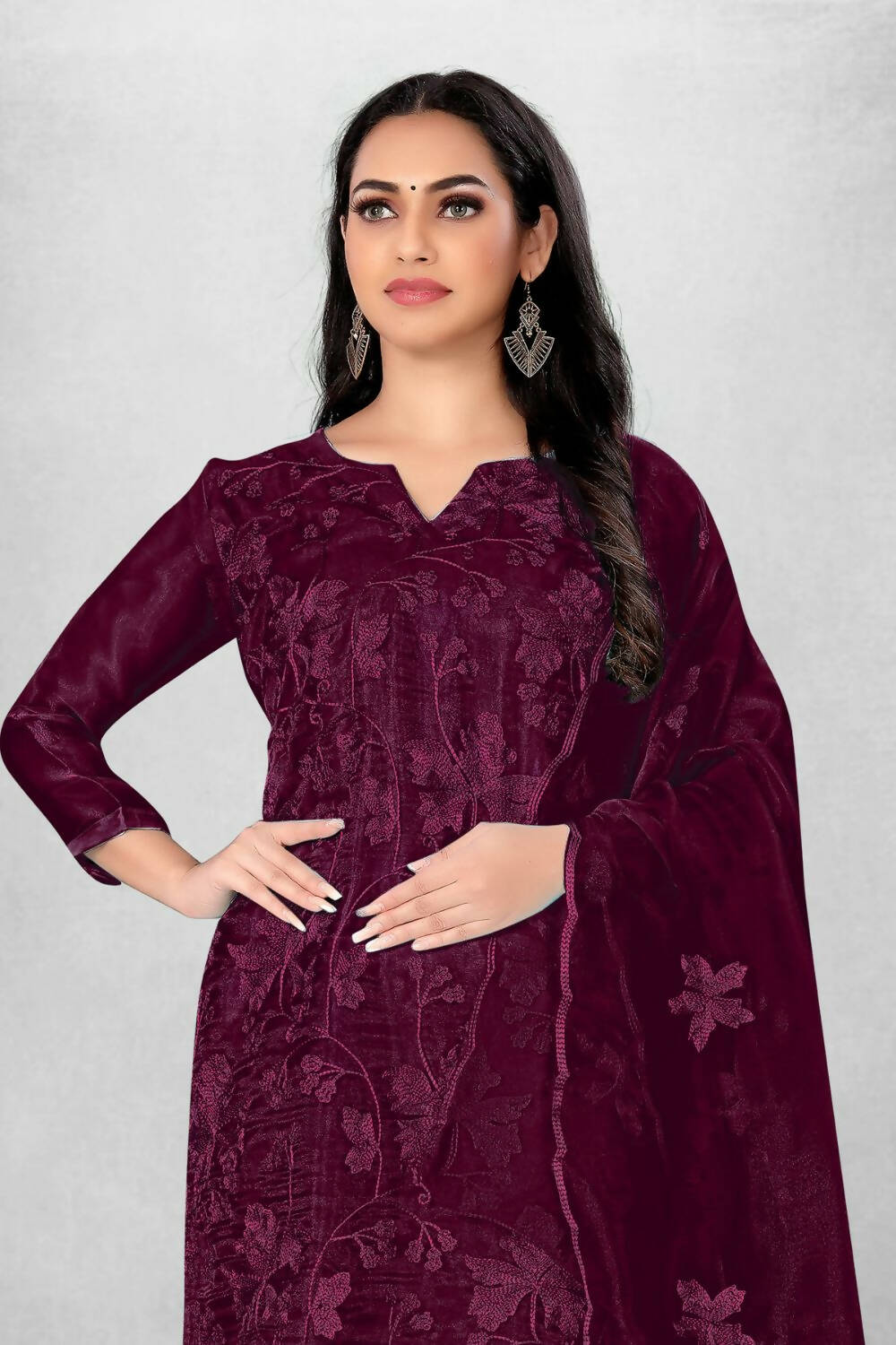 Wine Heavy Organza Silk Embroidered Unstitched Dress Material - Amara - Distacart