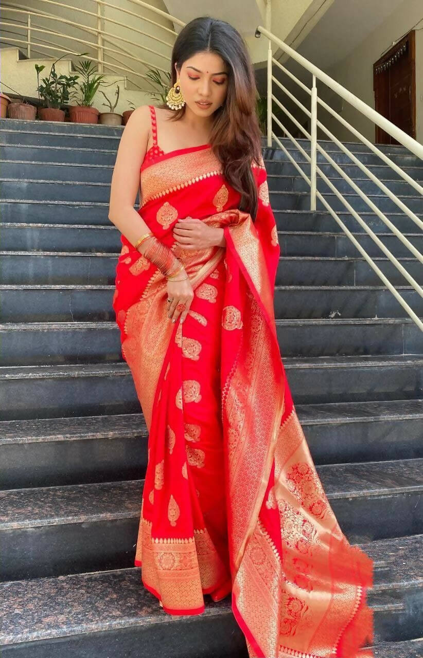 DEIANA'S Beautiful Golden Jari with New Design Soft Lichi Silk Saree - Red - Distacart