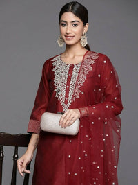Thumbnail for Varanga Floral Embroidered Regular Chanderi Silk Zari Kurta with Trousers & Dupatta - Distacart