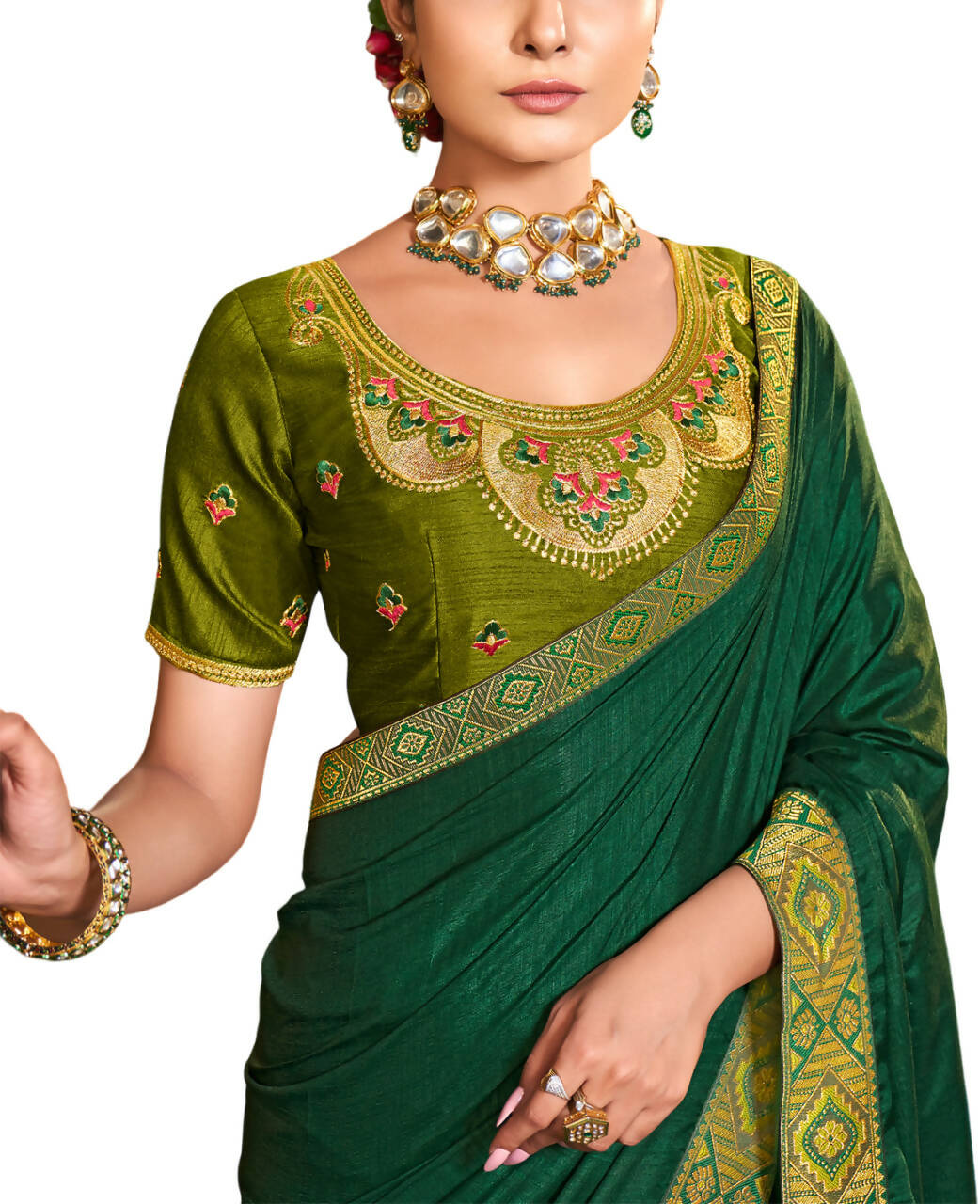 Green Solid Vichitra Saree With Unstitched Blouse Piece - Selena - Distacart