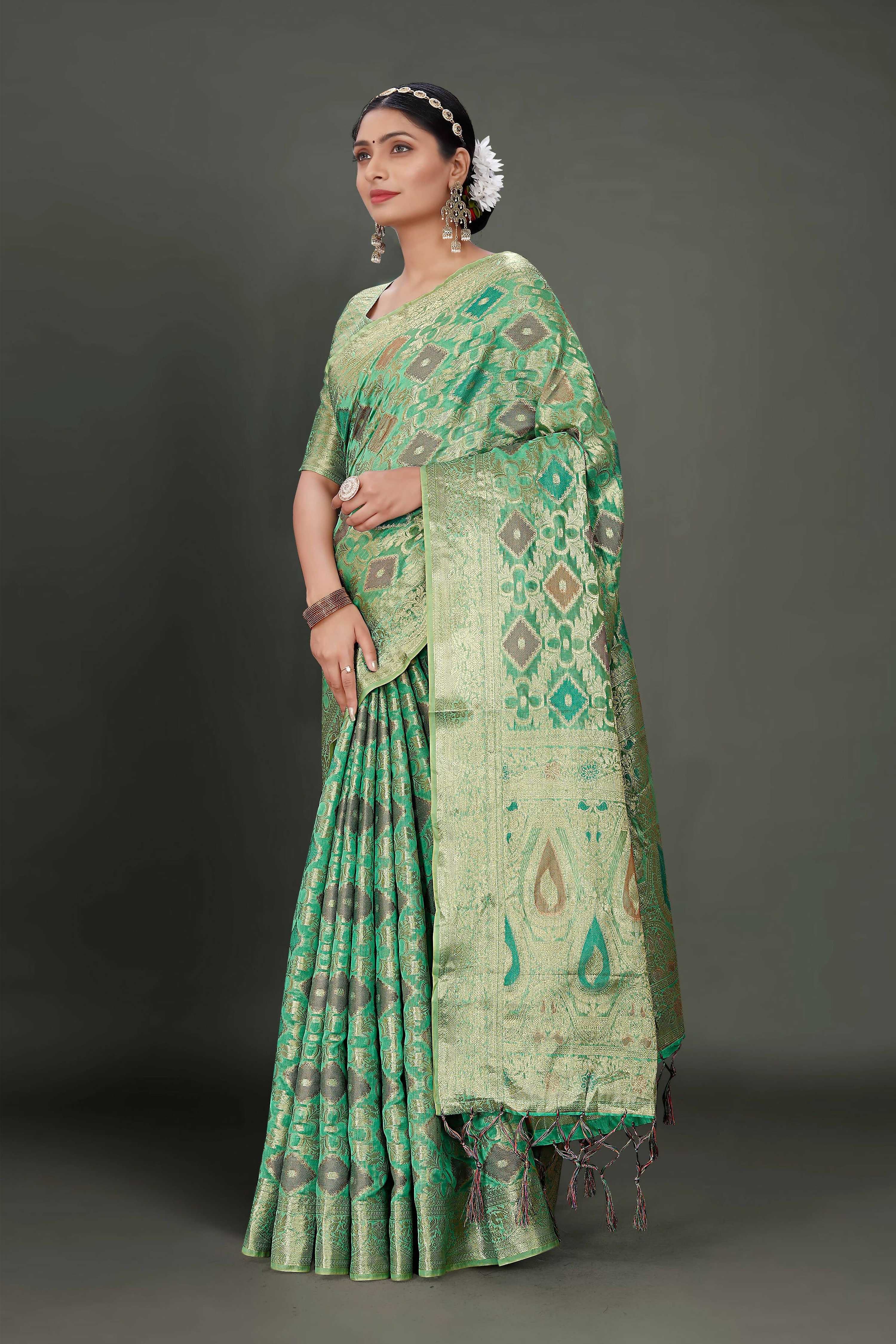 Sea Green Soft Organza Woven Design Saree With Unstitched Blouse Piece - Zaara - Distacart