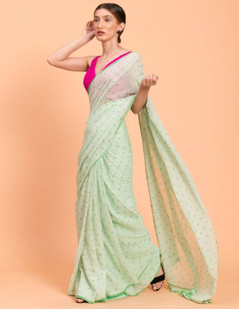 Suta Lime Green Polka Printed Pure Cotton Saree - Distacart